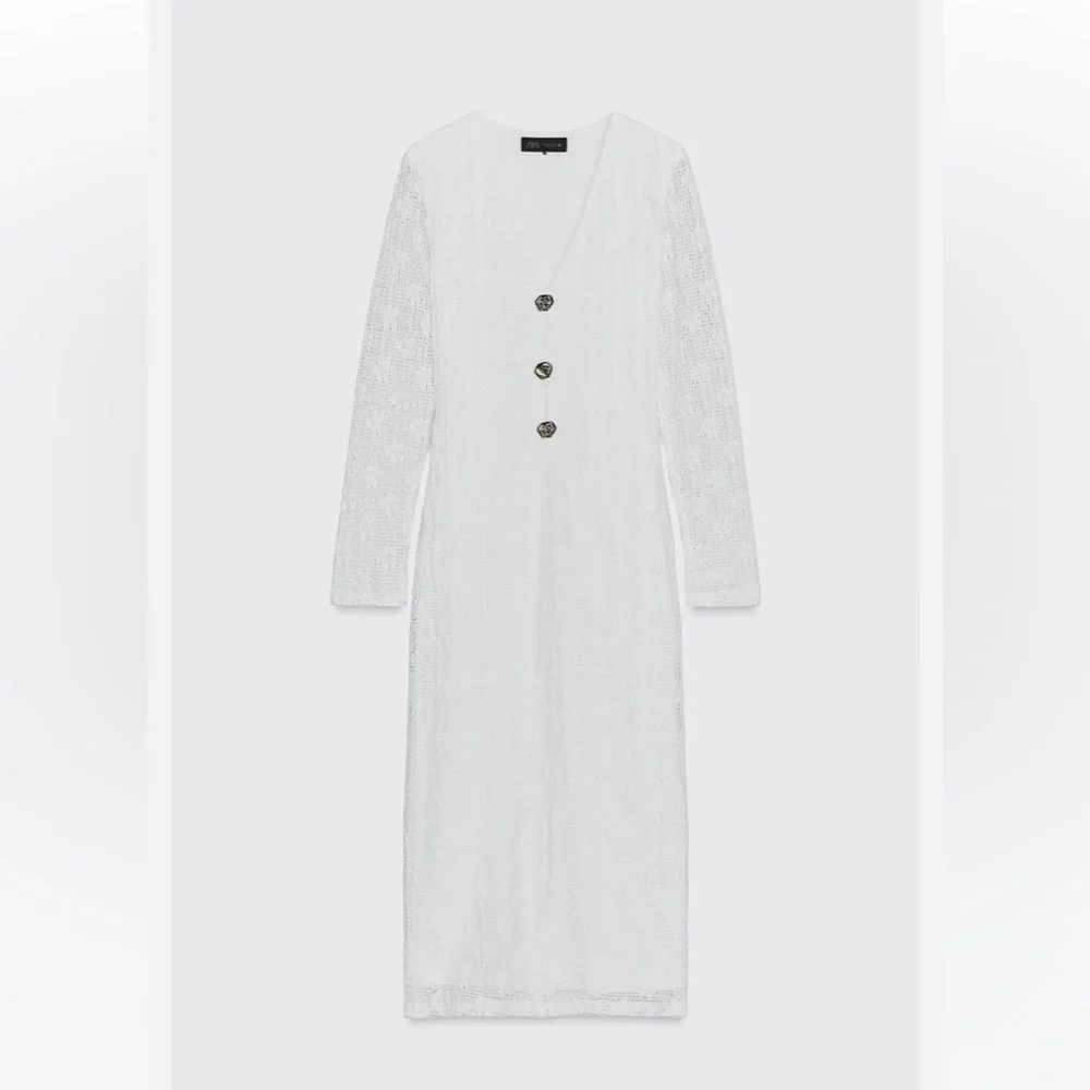 Zara NWT white crochet lace midi dress V neck long sleeve lined size Large - Picture 4 of 13